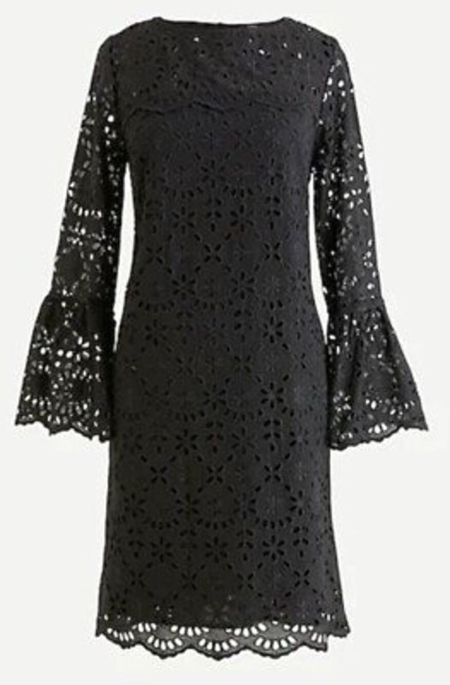 J.Crew Scallop-Trim Eyelet Popover Bell Sleeve Dress in Black, Size 16-NWT